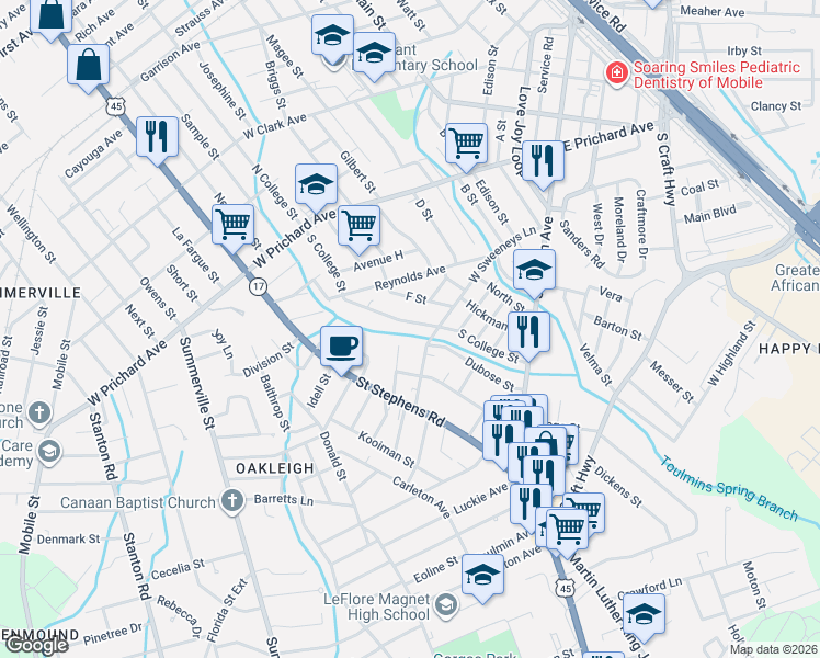 map of restaurants, bars, coffee shops, grocery stores, and more near 2603 South College Street in Mobile