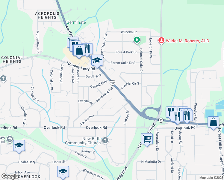 map of restaurants, bars, coffee shops, grocery stores, and more near 1674 Mississippi Street in Mobile