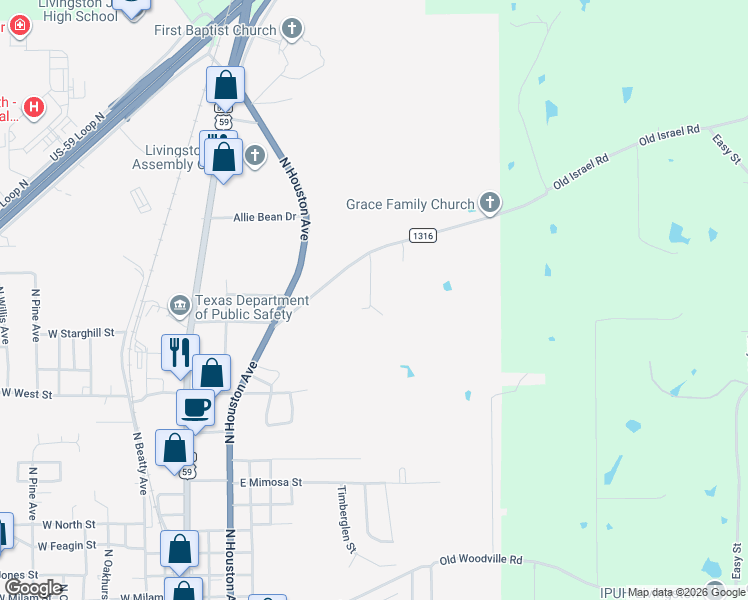 map of restaurants, bars, coffee shops, grocery stores, and more near 2211 Joe Rushing Lane in Livingston
