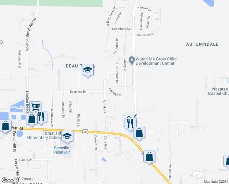 map of restaurants, bars, coffee shops, grocery stores, and more near 4208 Gentilly Lane in Mobile
