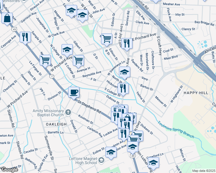 map of restaurants, bars, coffee shops, grocery stores, and more near 913 Ava Ave in Prichard