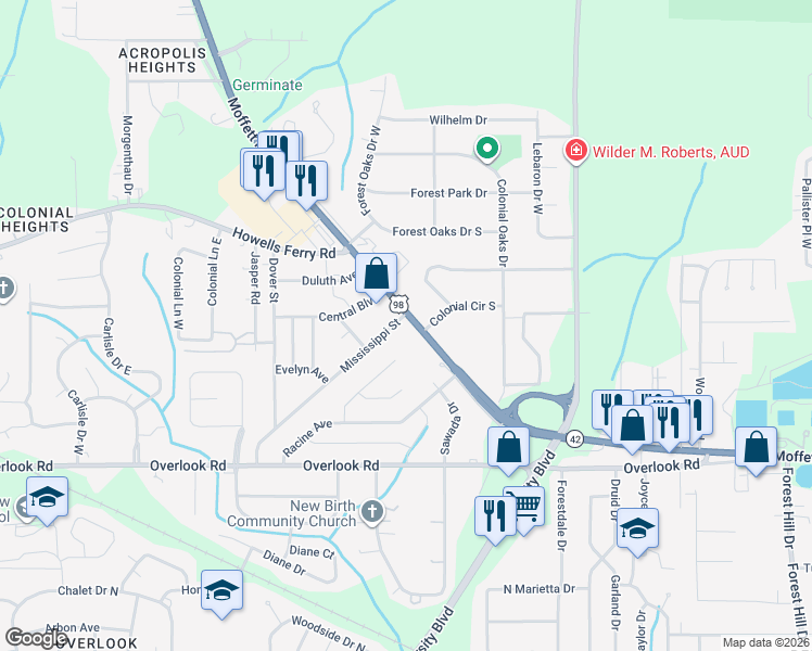 map of restaurants, bars, coffee shops, grocery stores, and more near 1674 Mississippi Street in Mobile