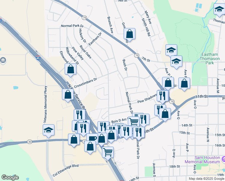 map of restaurants, bars, coffee shops, grocery stores, and more near 1102 Sleepy Hollow Circle in Huntsville