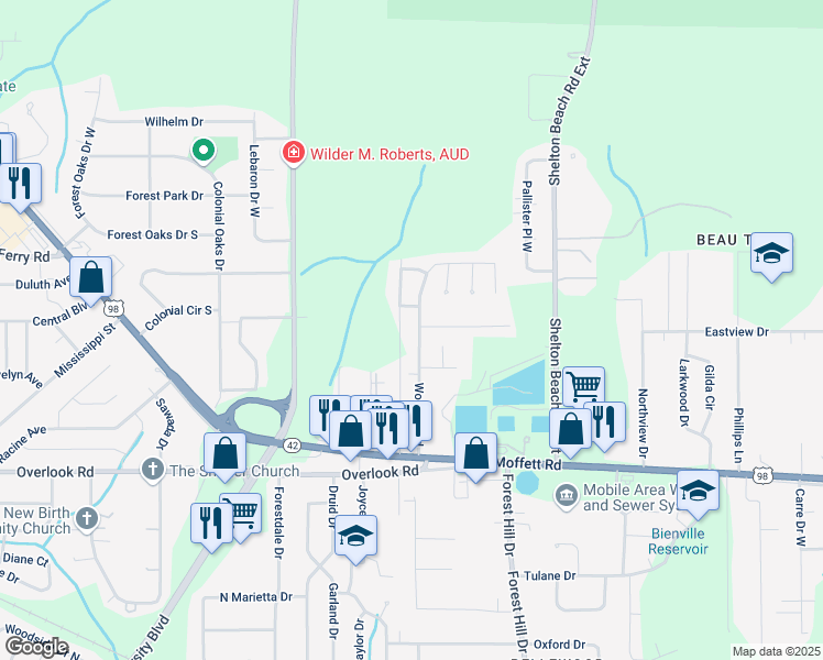 map of restaurants, bars, coffee shops, grocery stores, and more near 1671 Woodley Road in Mobile