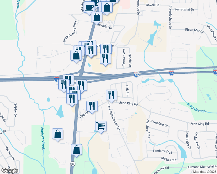 map of restaurants, bars, coffee shops, grocery stores, and more near 123 Oak Terrace Drive in Crestview