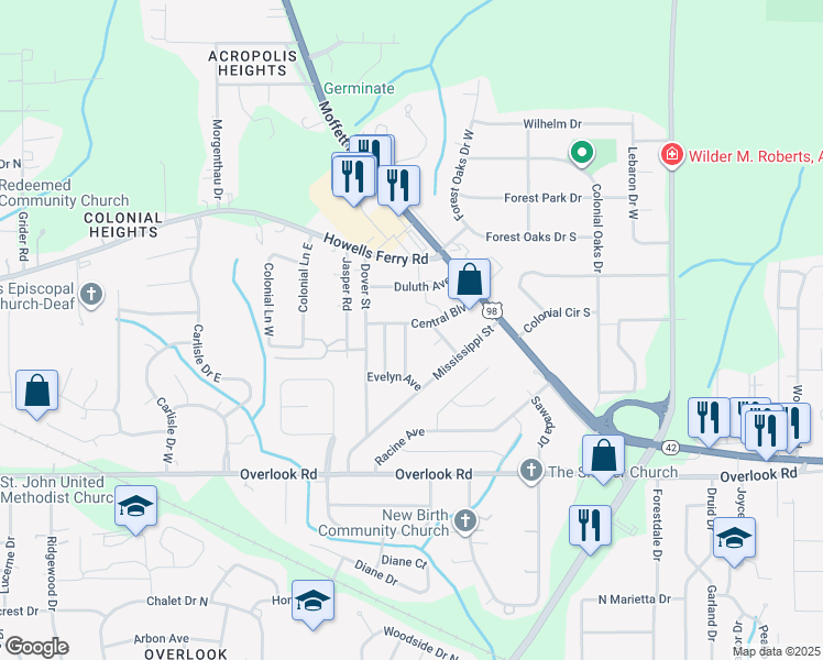map of restaurants, bars, coffee shops, grocery stores, and more near 5559 Central Boulevard in Mobile