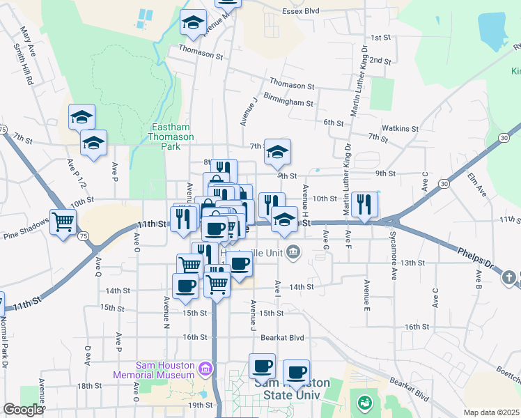 map of restaurants, bars, coffee shops, grocery stores, and more near 1015 Avenue J in Huntsville