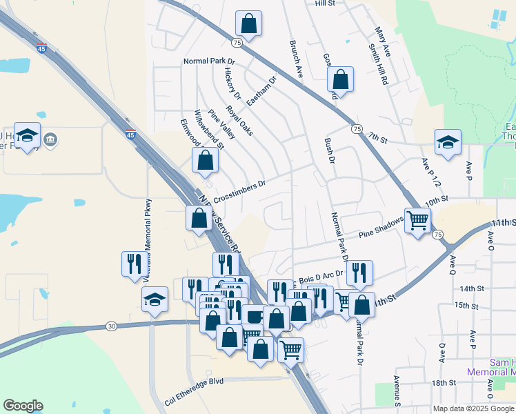 map of restaurants, bars, coffee shops, grocery stores, and more near 2417 Settlers Way in Huntsville