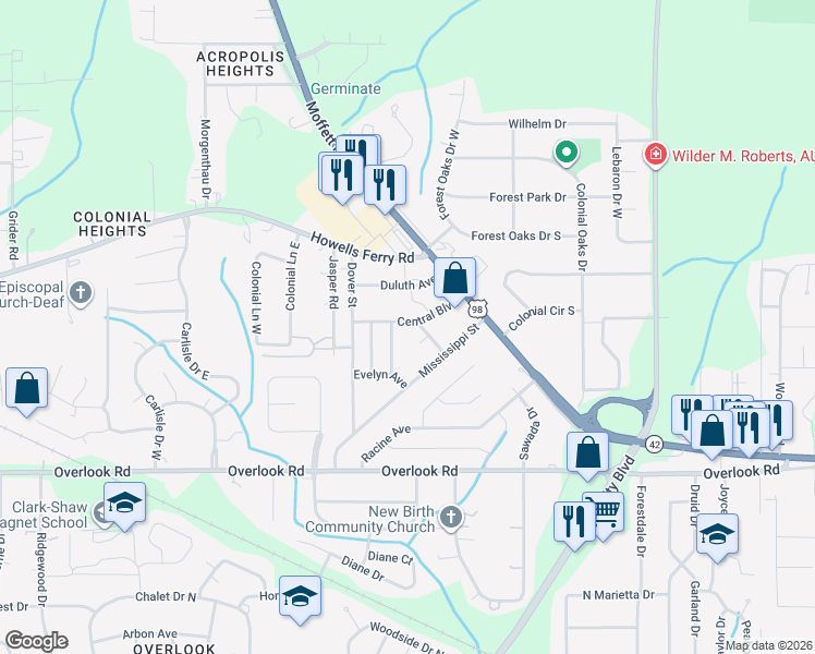 map of restaurants, bars, coffee shops, grocery stores, and more near 5559 Central Boulevard in Mobile