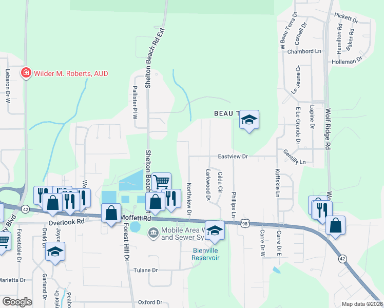 map of restaurants, bars, coffee shops, grocery stores, and more near 1700 Northview Drive in Mobile