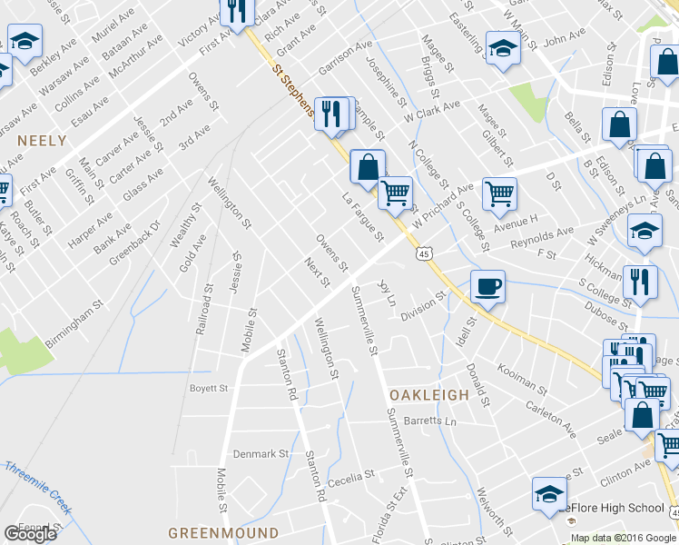 map of restaurants, bars, coffee shops, grocery stores, and more near 711 Owens Street in Prichard