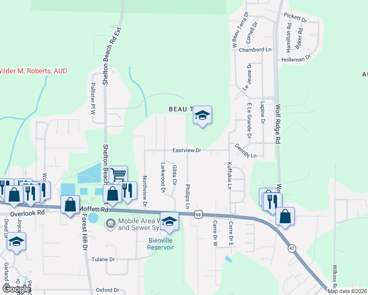 map of restaurants, bars, coffee shops, grocery stores, and more near 1701 Phillips Lane in Mobile