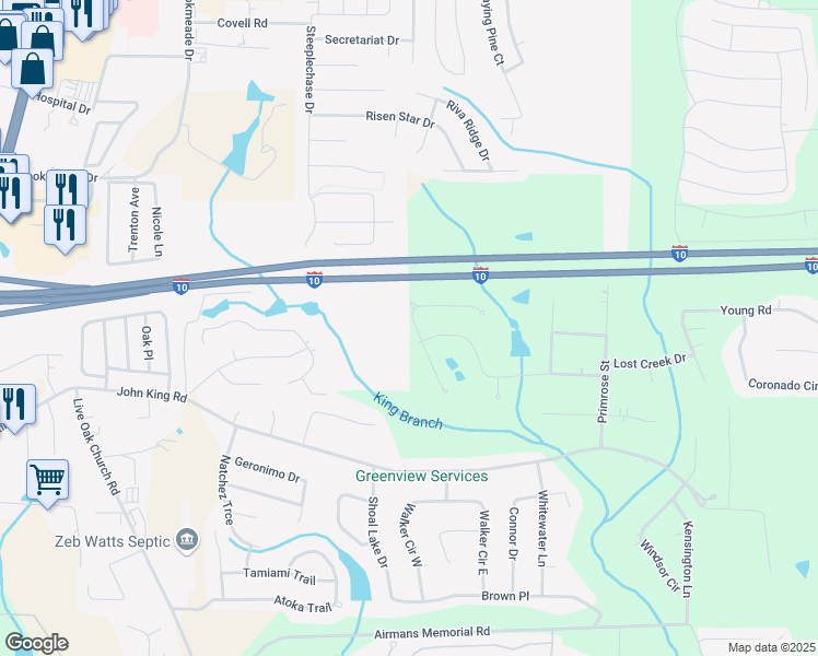 map of restaurants, bars, coffee shops, grocery stores, and more near 2824 Penney Lane in Crestview
