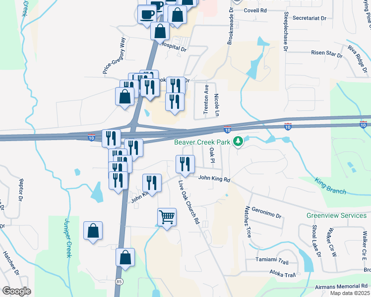 map of restaurants, bars, coffee shops, grocery stores, and more near 118 Oak Terrace Drive in Crestview