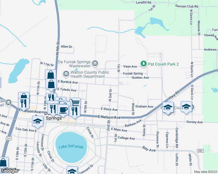 map of restaurants, bars, coffee shops, grocery stores, and more near 474 East Burdick Avenue in DeFuniak Springs