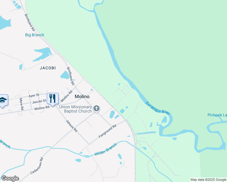 map of restaurants, bars, coffee shops, grocery stores, and more near 1012 Daffin Road in Molino
