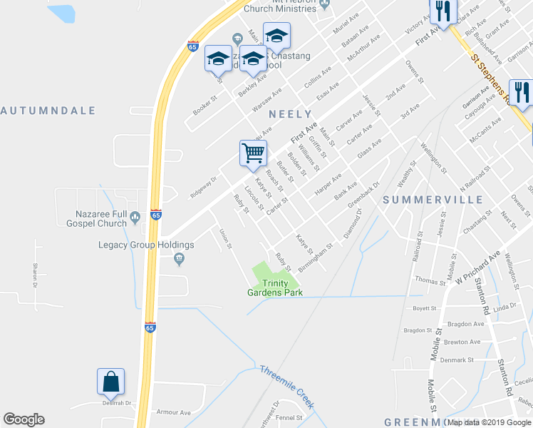 map of restaurants, bars, coffee shops, grocery stores, and more near 3048 Carter Street in Mobile