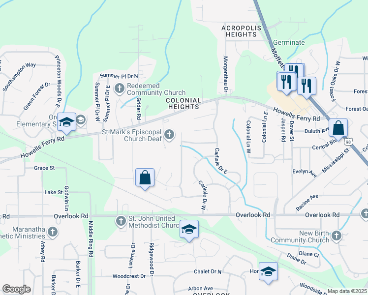 map of restaurants, bars, coffee shops, grocery stores, and more near 1656 Princess Helen Road West in Mobile