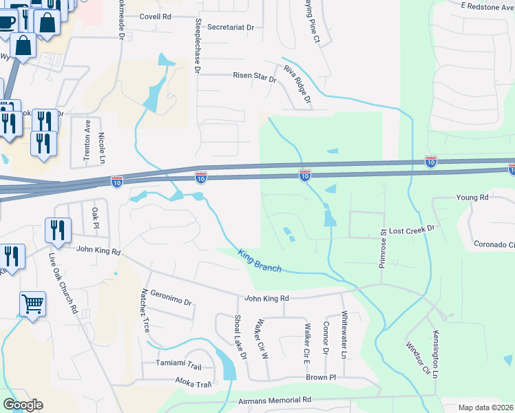 map of restaurants, bars, coffee shops, grocery stores, and more near 2826 Penney Lane in Crestview