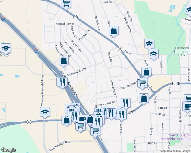map of restaurants, bars, coffee shops, grocery stores, and more near 1102 Sleepy Hollow Circle in Huntsville