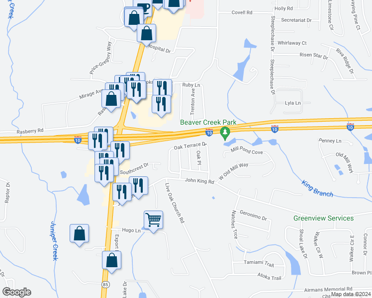map of restaurants, bars, coffee shops, grocery stores, and more near 315 Green Oak Drive in Crestview