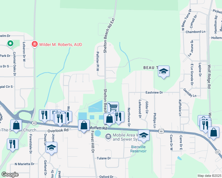 map of restaurants, bars, coffee shops, grocery stores, and more near 1750 Shelton Beach Road Extension in Mobile