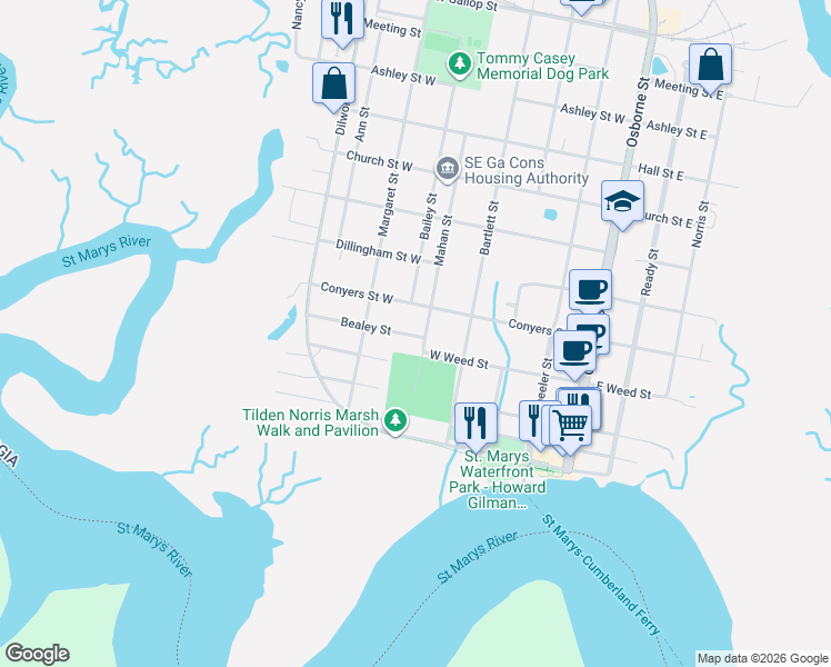 map of restaurants, bars, coffee shops, grocery stores, and more near 605 Bealey Street in St. Marys