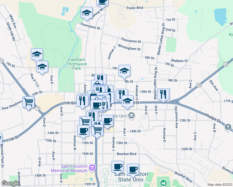 map of restaurants, bars, coffee shops, grocery stores, and more near 1015 Avenue J in Huntsville