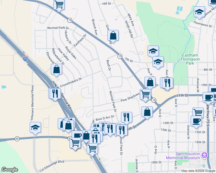 map of restaurants, bars, coffee shops, grocery stores, and more near 1107 Holly Springs Drive in Huntsville