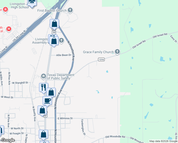 map of restaurants, bars, coffee shops, grocery stores, and more near 2211 Joe Rushing Ln in Livingston