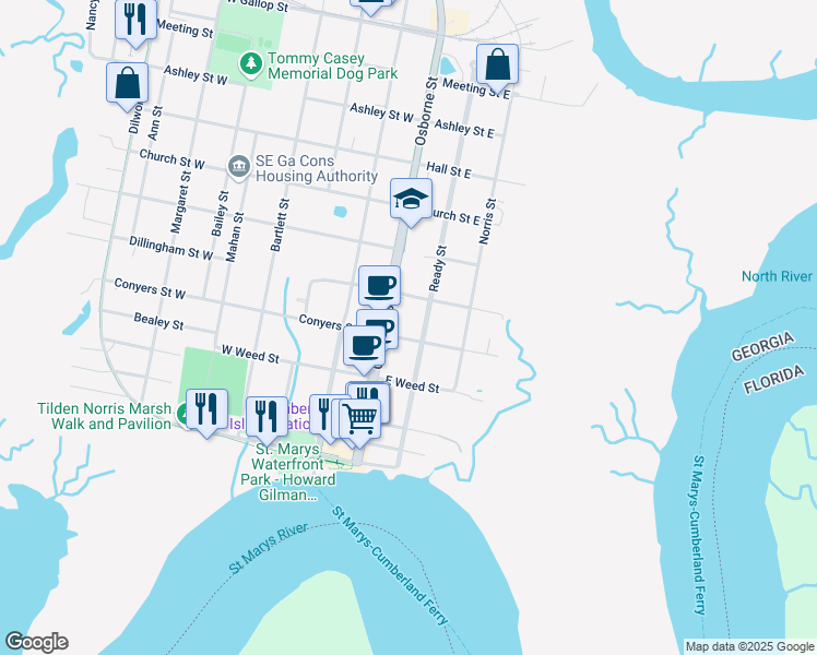 map of restaurants, bars, coffee shops, grocery stores, and more near 105 Conyers Street East in St. Marys