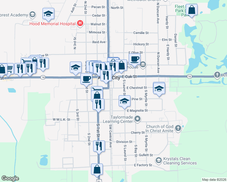 map of restaurants, bars, coffee shops, grocery stores, and more near 100 East Chestnut Street in Amite City