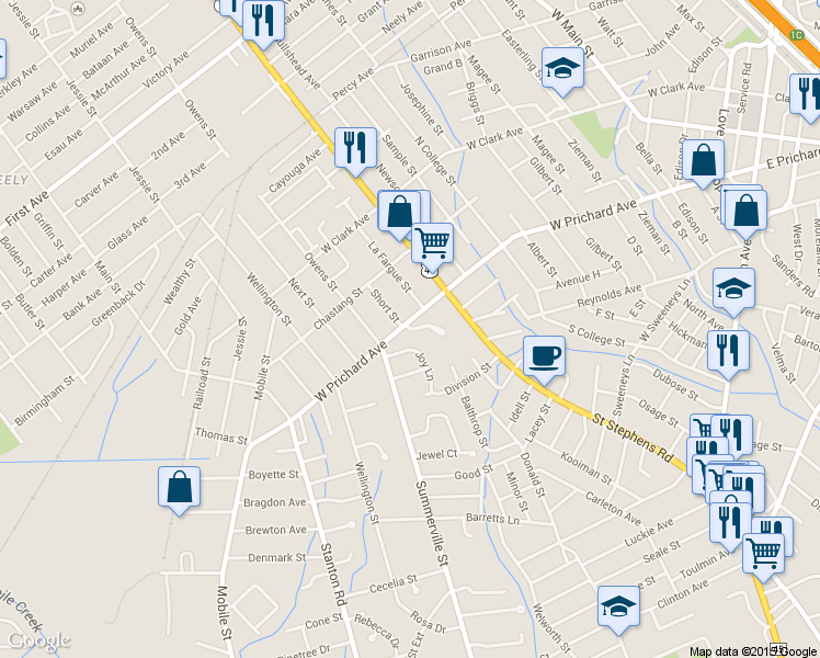 map of restaurants, bars, coffee shops, grocery stores, and more near 2258 Joy Lane in Mobile