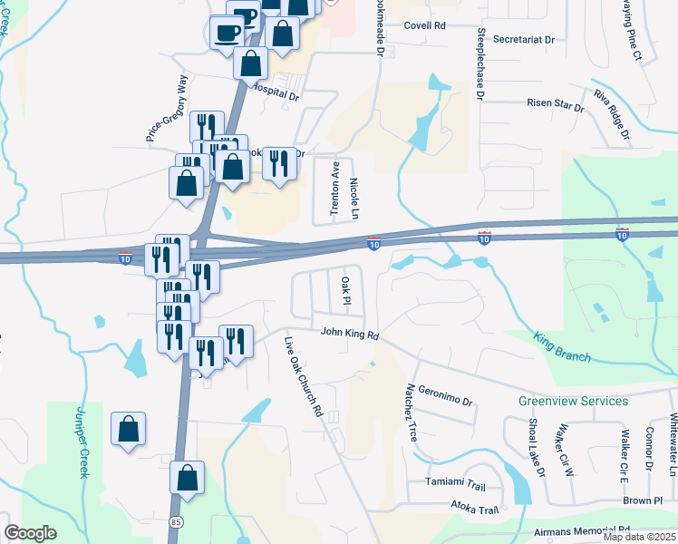 map of restaurants, bars, coffee shops, grocery stores, and more near 128 Oak Terrace Drive in Crestview