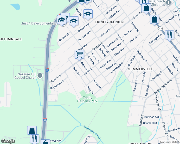 map of restaurants, bars, coffee shops, grocery stores, and more near 1616 Katye Street in Mobile