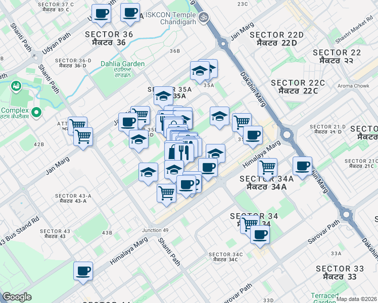 map of restaurants, bars, coffee shops, grocery stores, and more near 31 35 Market Road in Chandigarh