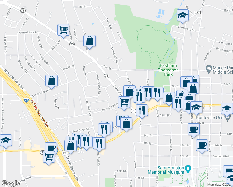 map of restaurants, bars, coffee shops, grocery stores, and more near 53 Highway 75 in Huntsville