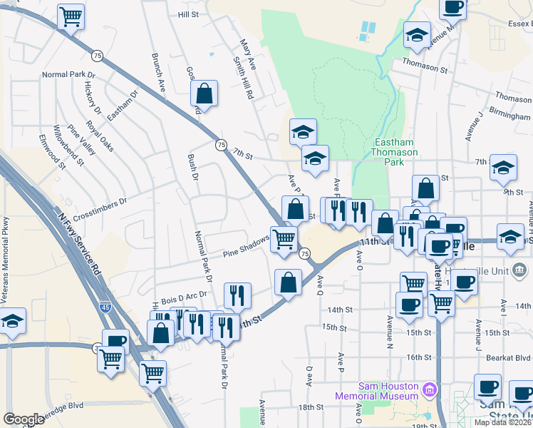 map of restaurants, bars, coffee shops, grocery stores, and more near 53 Texas 75 in Huntsville