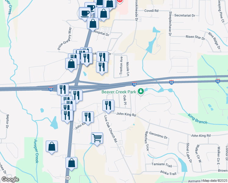 map of restaurants, bars, coffee shops, grocery stores, and more near 215 Water Oak Lane in Crestview