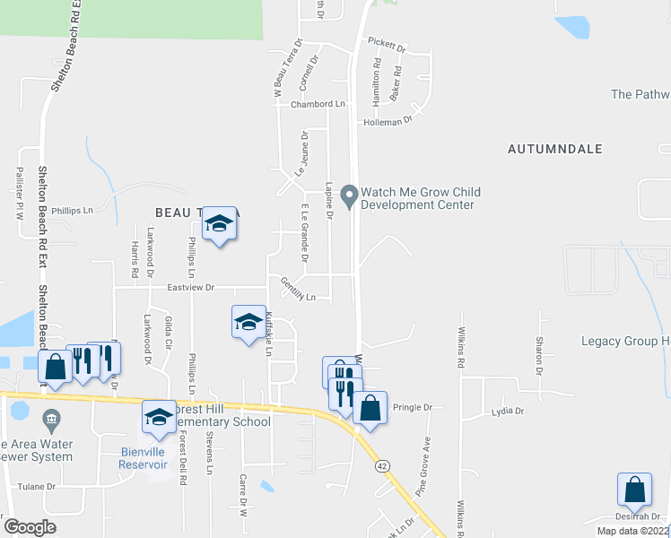 map of restaurants, bars, coffee shops, grocery stores, and more near 1750 Lapine Drive in Mobile
