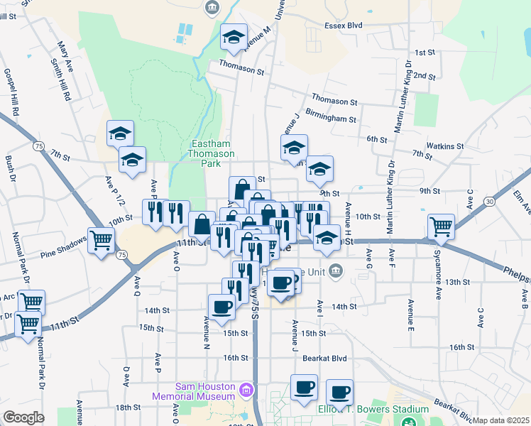 map of restaurants, bars, coffee shops, grocery stores, and more near 861 North Sam Houston Avenue in Huntsville