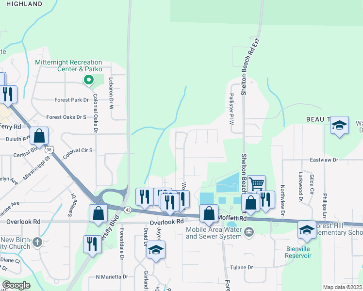 map of restaurants, bars, coffee shops, grocery stores, and more near 1701 Sandalwood Drive in Mobile