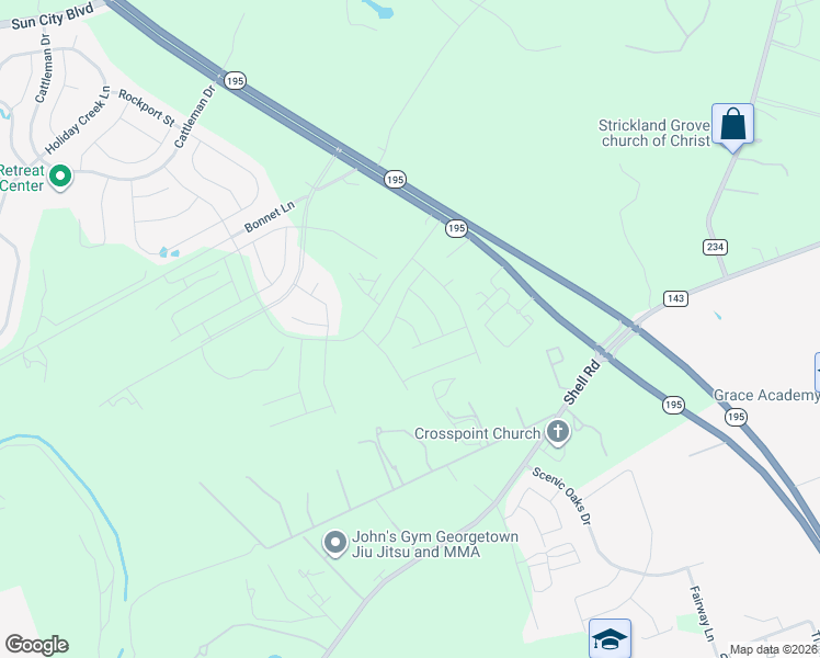 map of restaurants, bars, coffee shops, grocery stores, and more near 2451 Highway 195 in Georgetown