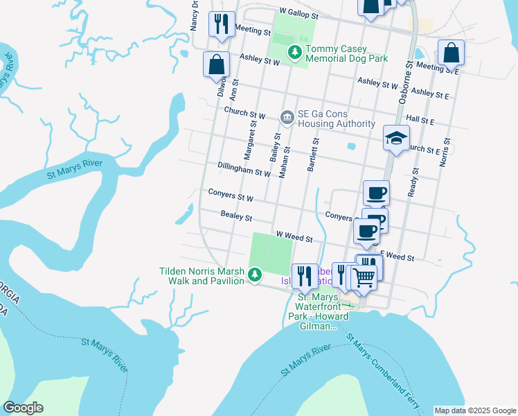 map of restaurants, bars, coffee shops, grocery stores, and more near 501 Conyers Street West in St. Marys