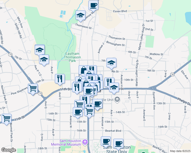 map of restaurants, bars, coffee shops, grocery stores, and more near 911 University Avenue in Huntsville