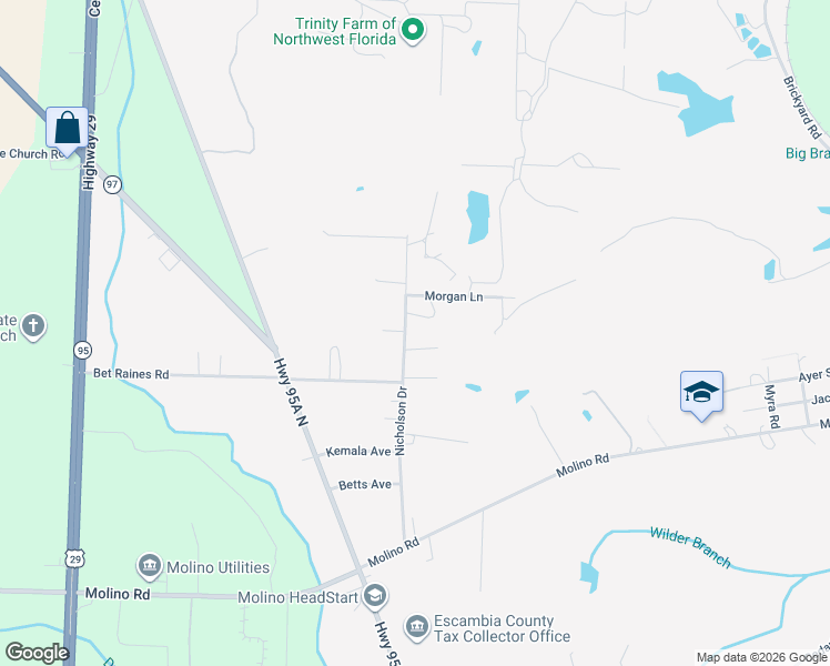 map of restaurants, bars, coffee shops, grocery stores, and more near 7018 Nicholson Drive in Molino