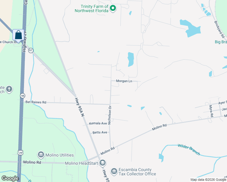 map of restaurants, bars, coffee shops, grocery stores, and more near 7018 Nicholson Drive in Molino