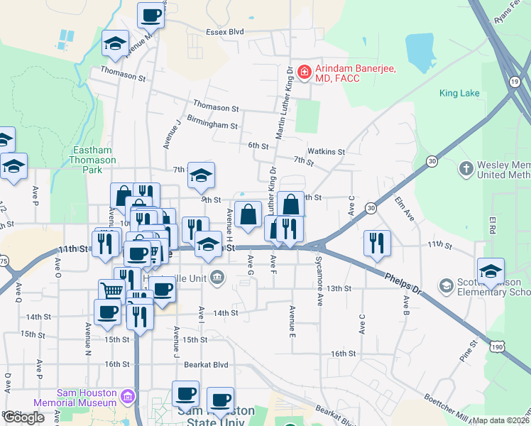 map of restaurants, bars, coffee shops, grocery stores, and more near 611 9th Street in Huntsville