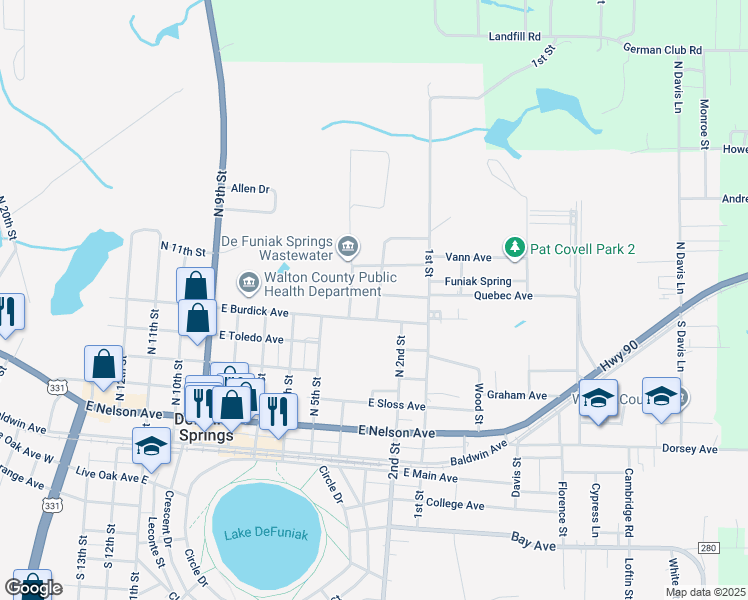 map of restaurants, bars, coffee shops, grocery stores, and more near 60 Quebec Avenue in DeFuniak Springs