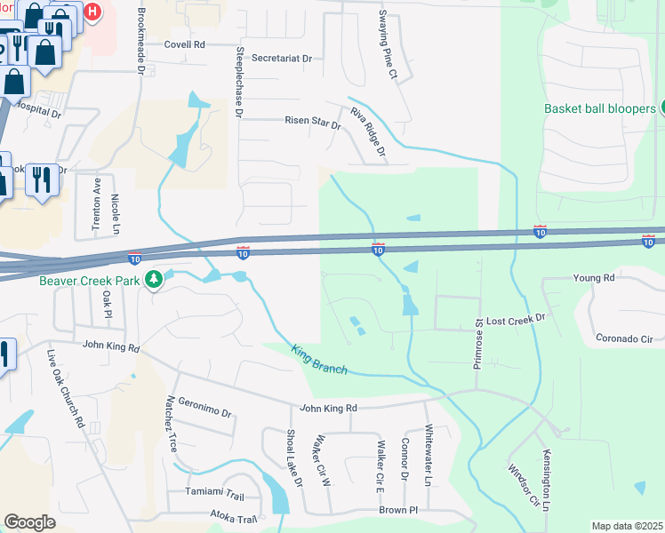 map of restaurants, bars, coffee shops, grocery stores, and more near 2838 Penney Lane in Crestview